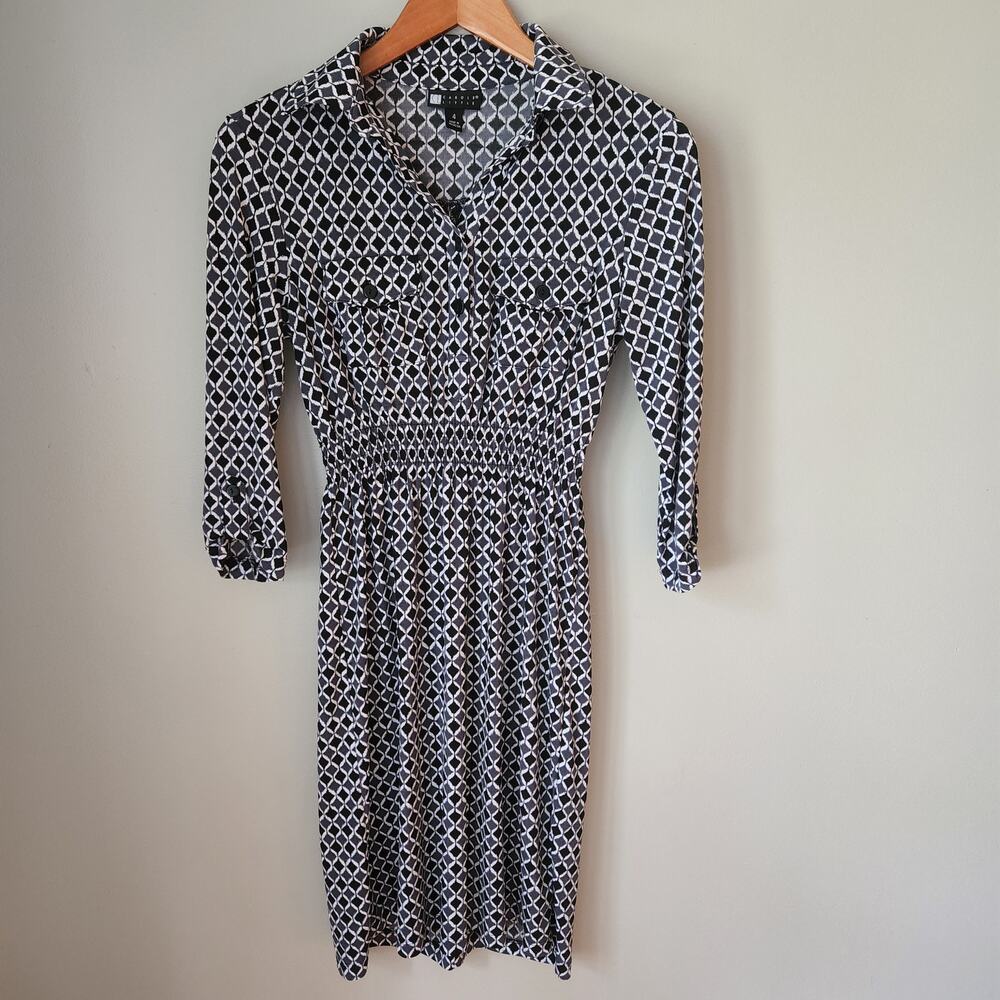 Carole Little Rolled Sleeve Collared Geometric Patterned Dress with Ruched Waist